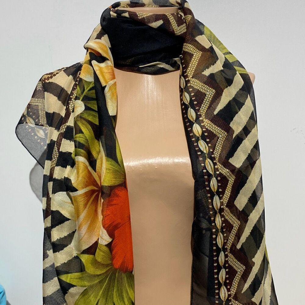 Roxanne Women's Black Spice Floral Chiffon Pareo/Scarf One Size NWT